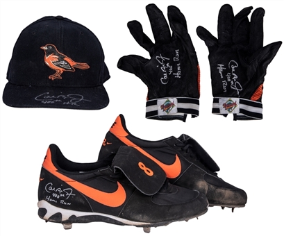 1999 Cal Ripken Jr. Game Used, Signed & Inscribed 400th Home Run Hat, Batting Gloves & Cleats - Used On 9/2/99 (J.T. Sports & Ripken LOA)